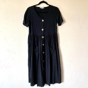 Short Sleeve Black Button Midi Dress